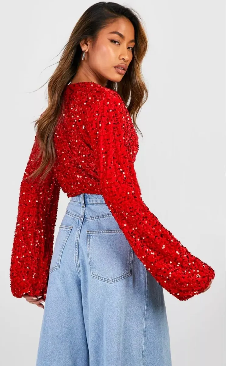 Sequin Volume Sleeve Plunge Bodysuit - Image 3