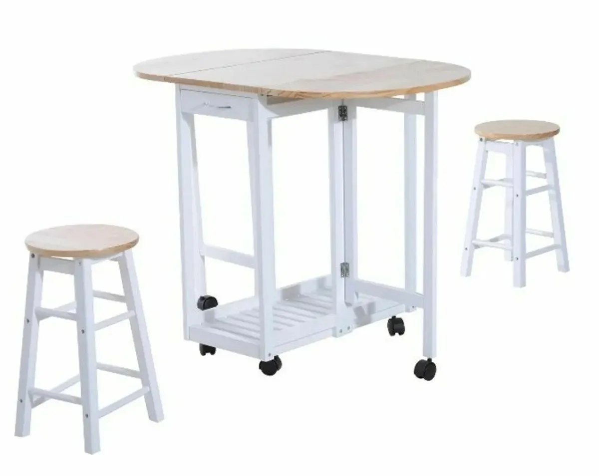 Wood Dining Foldable Table Set 3pc with Stools - Image 3