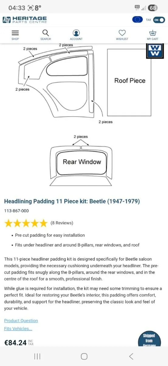 '71-'79 Beetle Full Headlining & 11 Piece Padding - Image 3