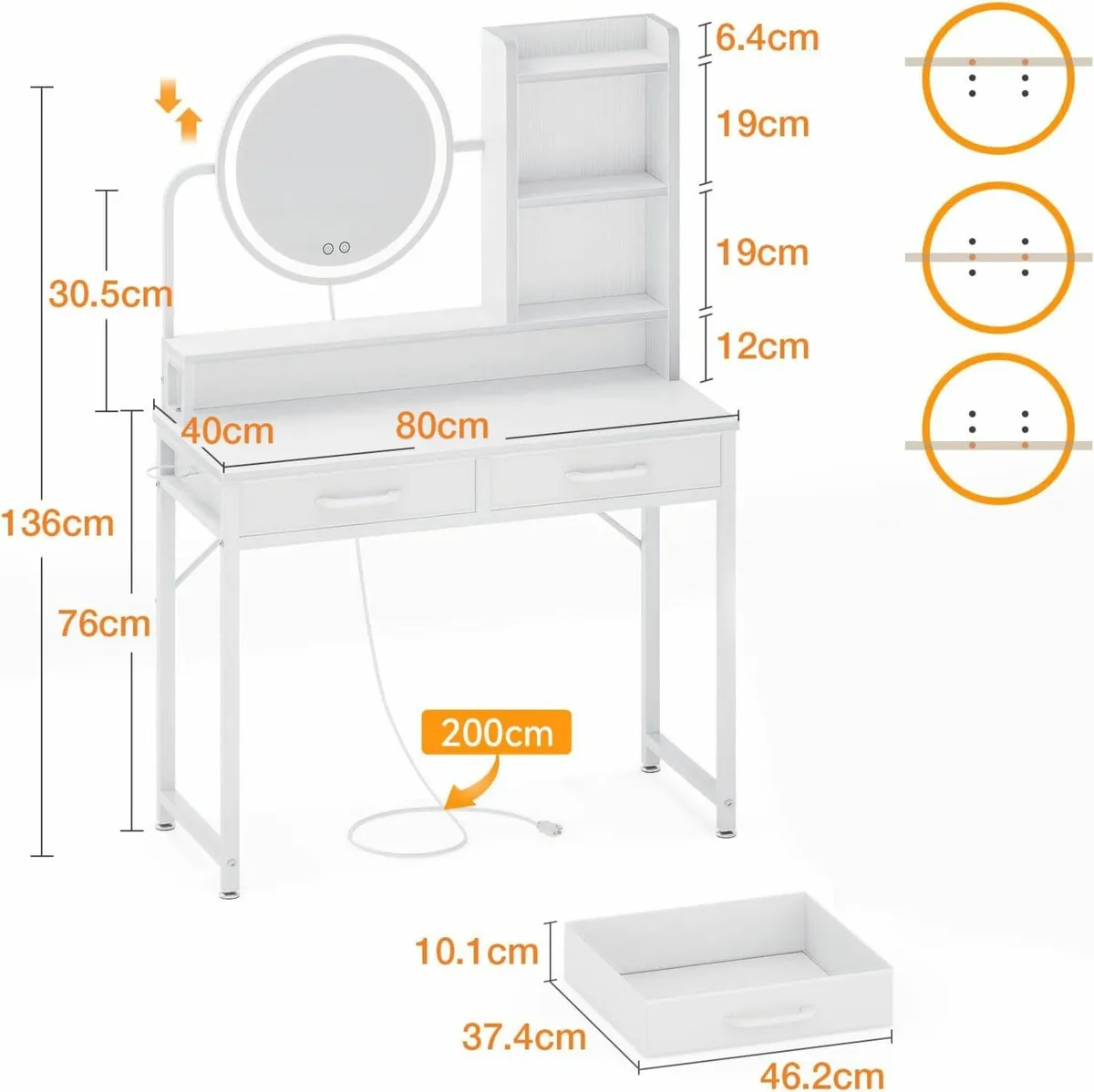 Dressing Table height-adjustable Mirror LED Lights - Image 3