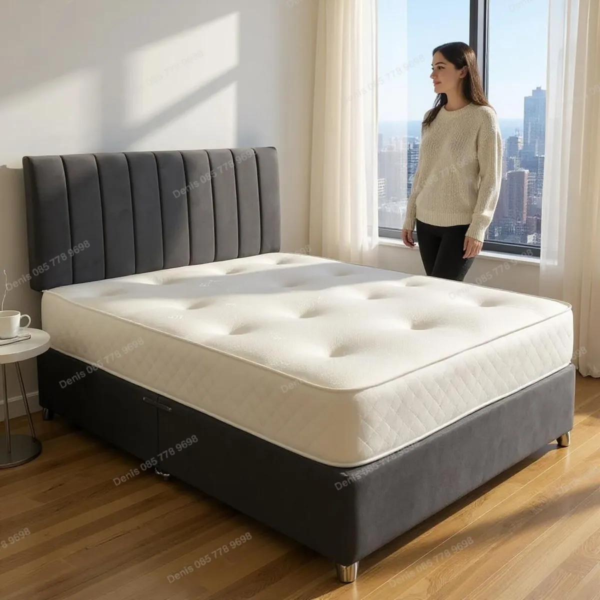 New Grey Divan Base, Headboard & Mattresses