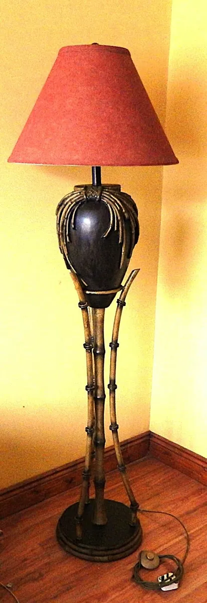 Faux Bamboo Floor Lamp with Shade on Metal Stand - Image 1