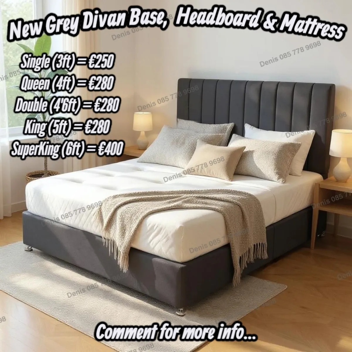New Grey Divan Base, Headboard & Mattresses