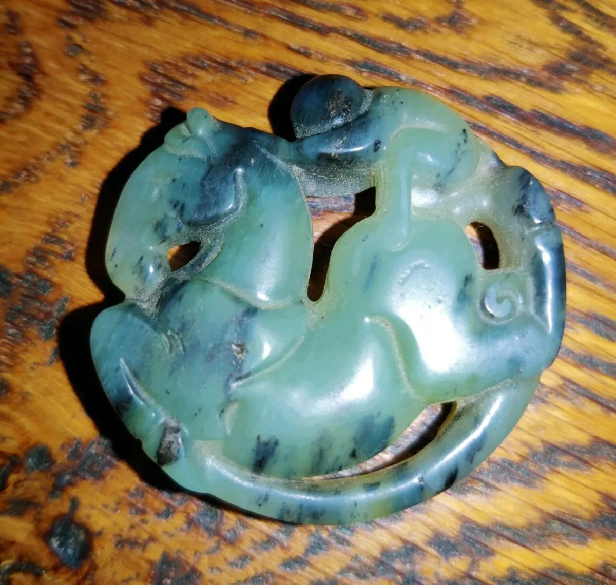 RARE HORSE & JOCKEY, Real CHUNKY Big JADE Mantra - Image 1