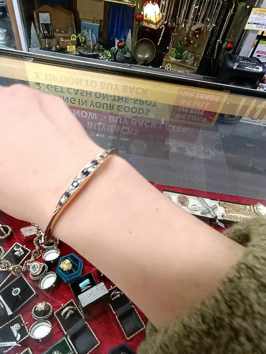 Antique 15k Rose Gold Diamond & Sapphire Bangle - Image 2
