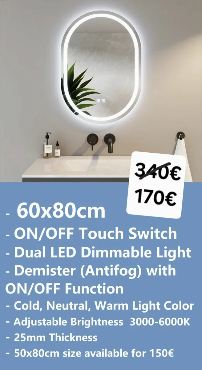 LED Bathroom Mirror Antifog 60x80cm - Image 1