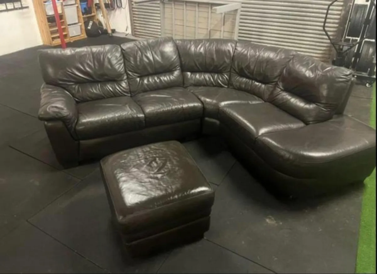 Brown leather 3 seat sofa and ottoman