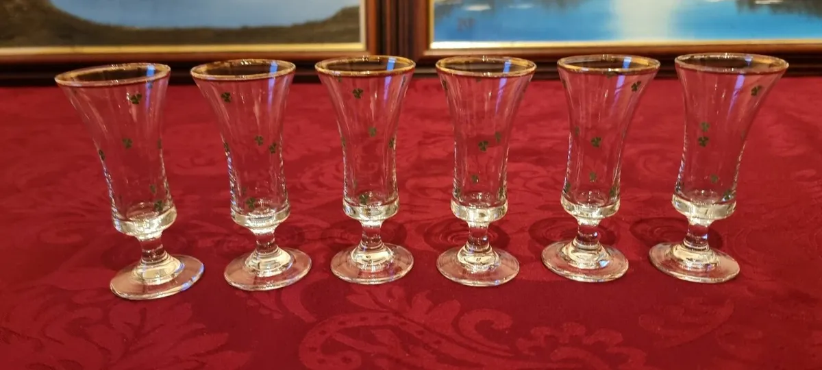 6Pcs.Irish Shamrock GoldRimmed Footed Shot Glasses - Image 1