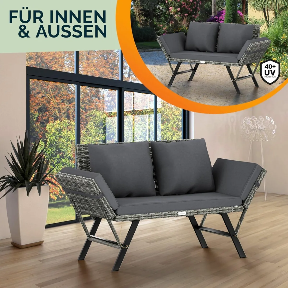 4-in-1 Polyrattan Garden Bench & Sun Lounger – We - Image 3