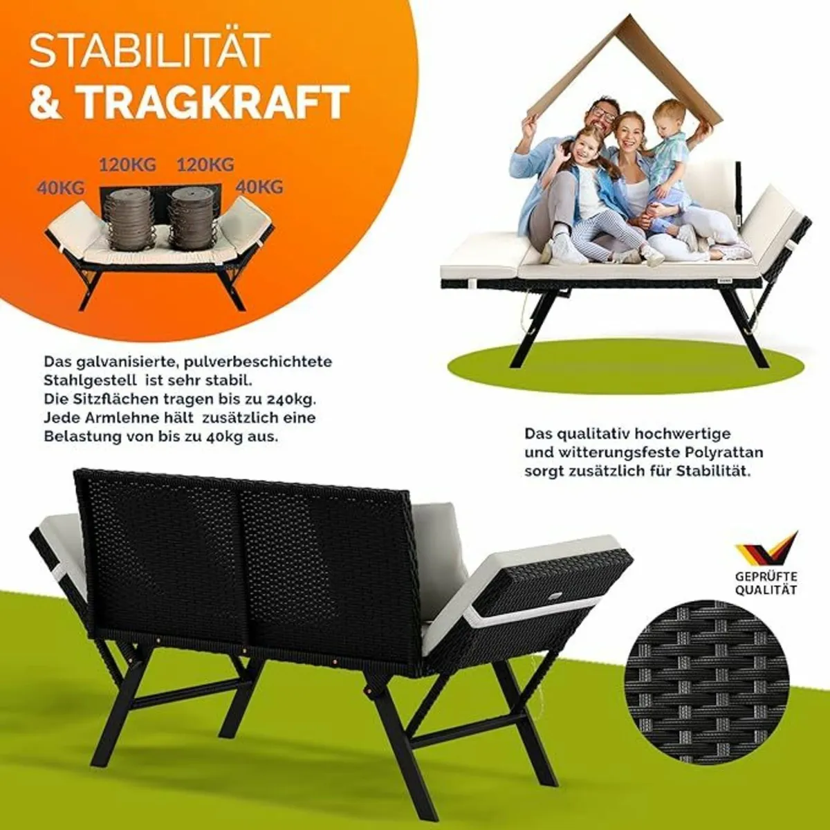 Polyrattan Garden Bench with Reclining Function Cu - Image 4