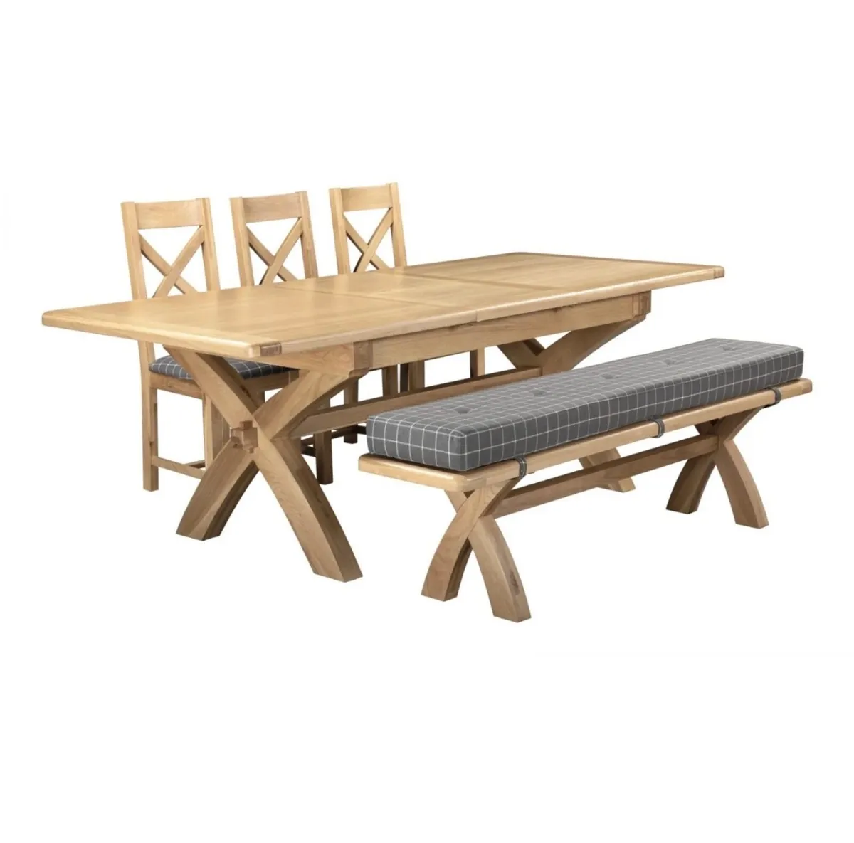 Extending Oak X Leg Dining Table and Bench New - Image 1