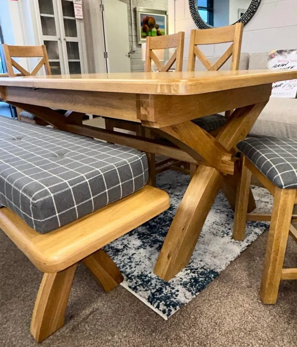 New Extending Oak X Leg Dining Table and Bench - Image 2