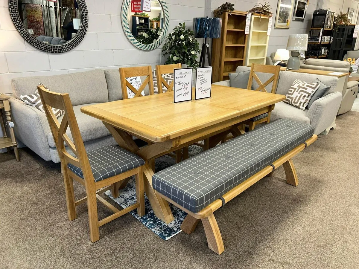 New Extending Oak X Leg Dining Table and Bench - Image 3