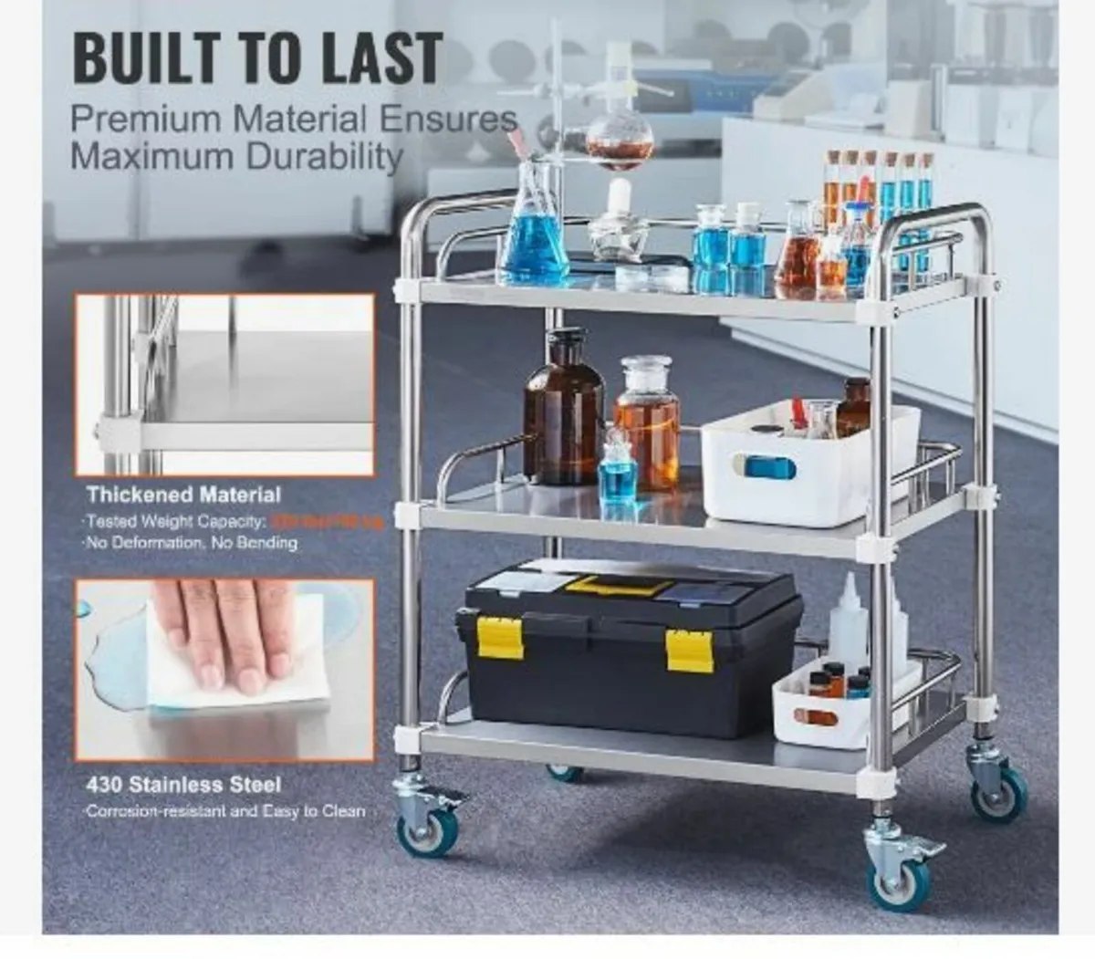 Lab Rolling Cart, 3-Shelf Stainless Steel - Image 2