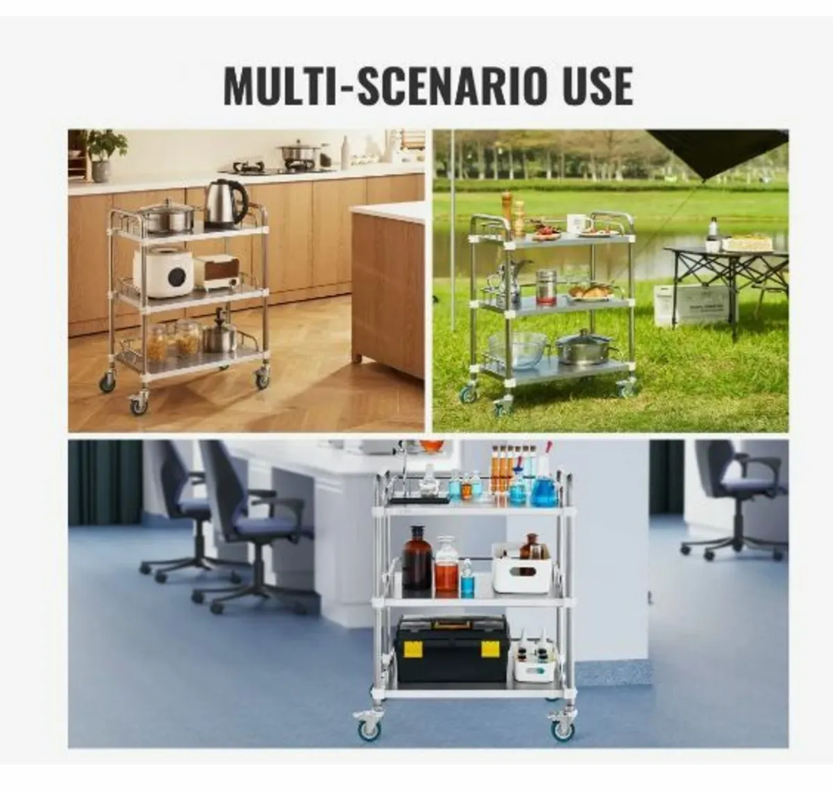 Lab Rolling Cart, 3-Shelf Stainless Steel - Image 4