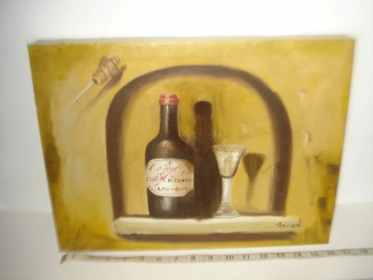 WINE BOTTLES OIL ON CANVAS PAINTING. - Image 1