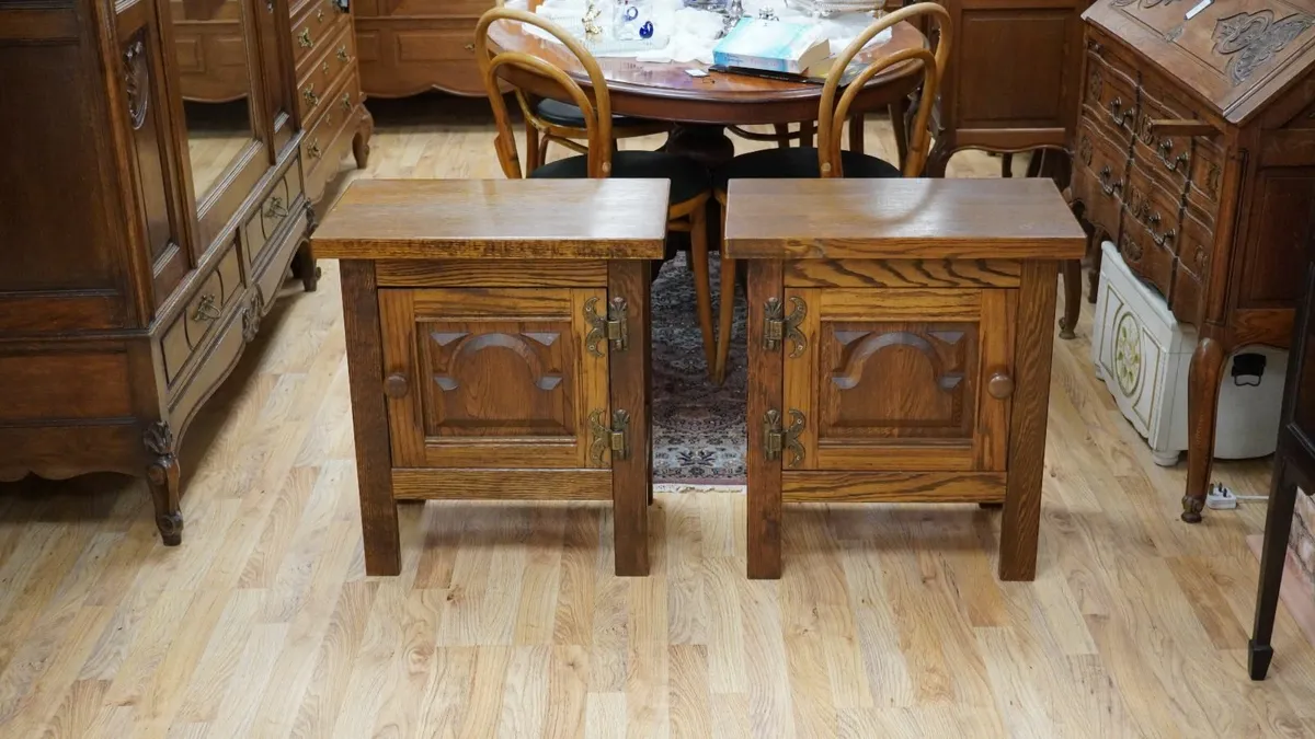 Vintage Solid Oak French Bedside Cabinets - Image 1
