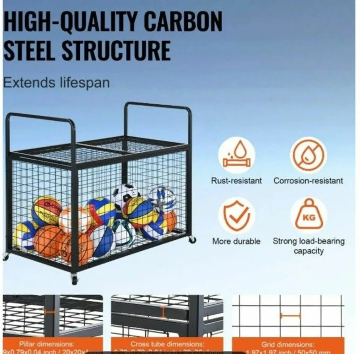 Heavy-Duty Metal Sports Ball Storage Cart on Wheel - Image 3