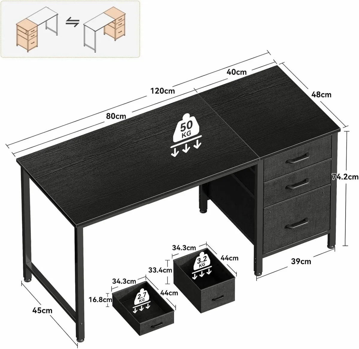 Computer Desk Drawers 120×48cm Office Desk Storage - Image 2