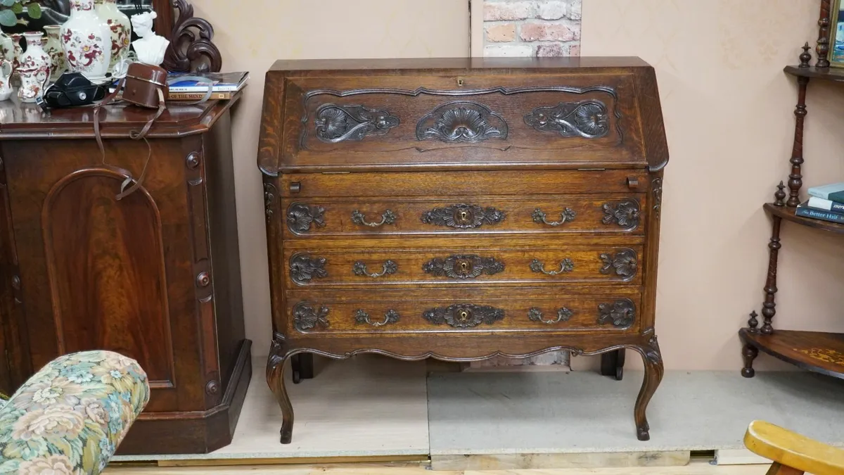 French Carved Solid Oak Bureau Desk - Image 1