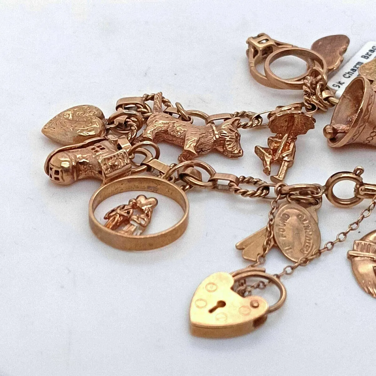 Vintage/ Antique 9k Gold Charm Bracelet+ 14 Charms - Image 2