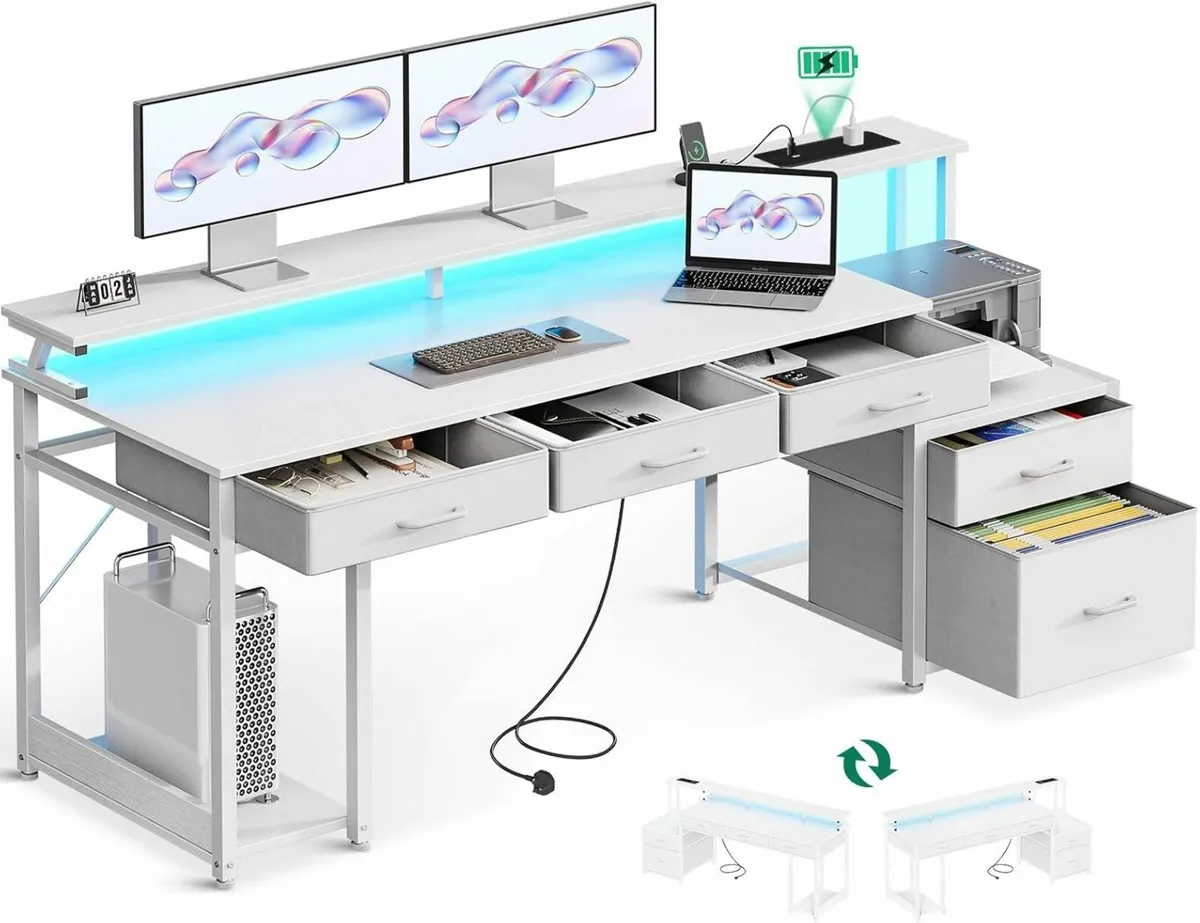 Office Desk Computer Drawers 162x48cm  LED Lights - Image 1