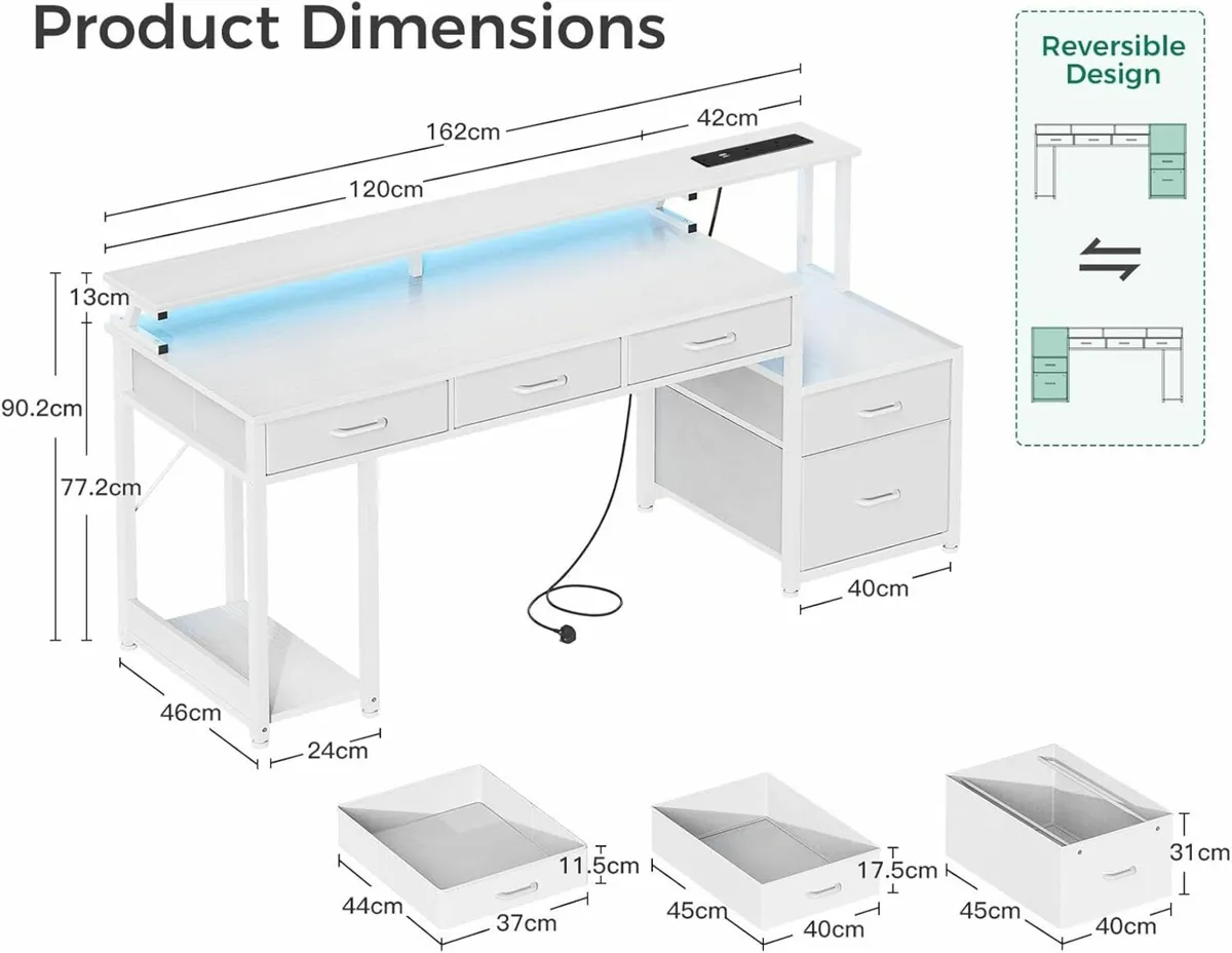 Office Desk Computer Drawers 162x48cm  LED Lights - Image 3