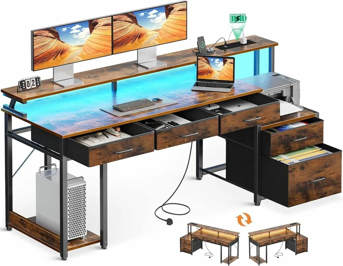 Computer Desk Office Drawers, 162x48cm LED Lights - Image 1