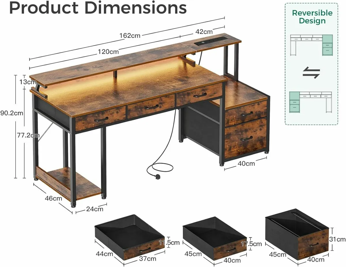 Computer Desk Office Drawers, 162x48cm LED Lights - Image 2