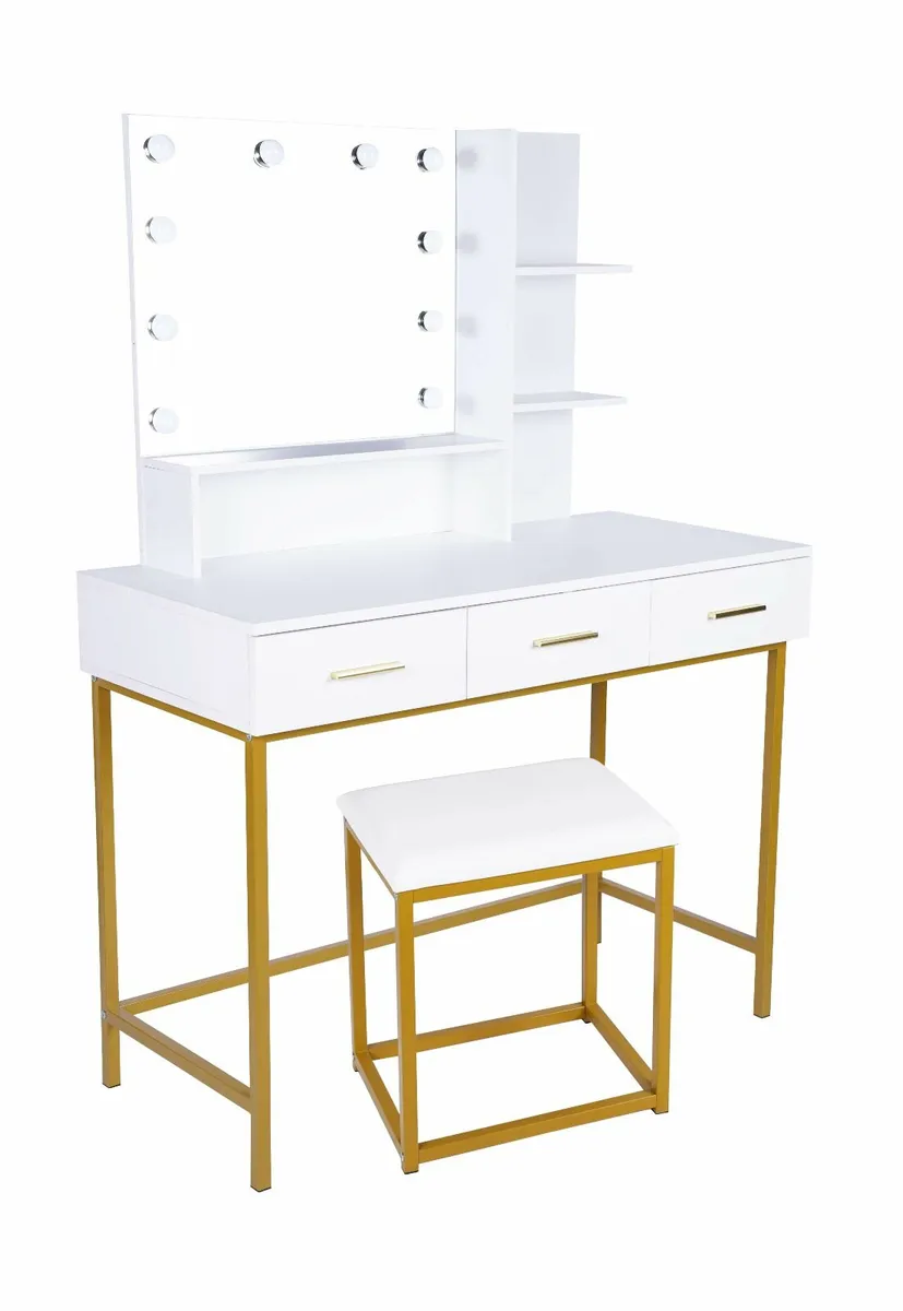 White and Gold Vanity Table with LED Mirror - Image 2