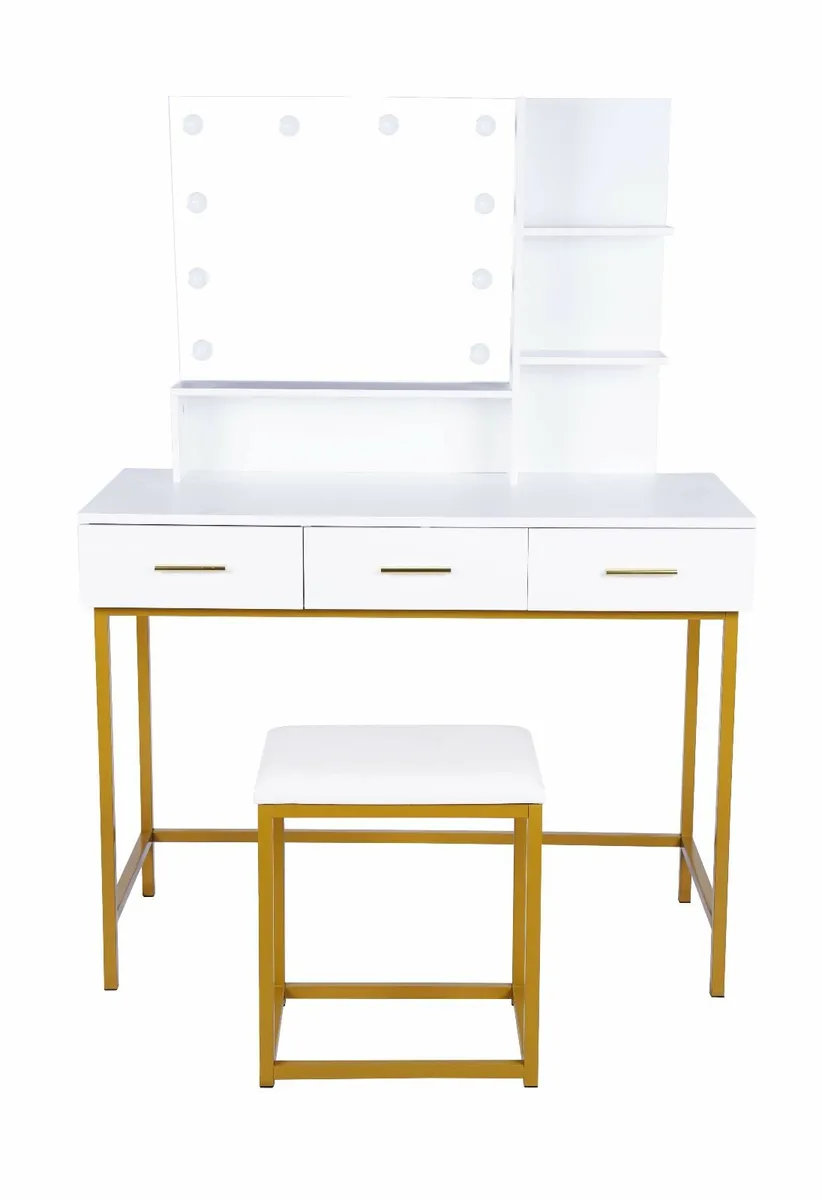 White and Gold Vanity Table with LED Mirror - Image 4