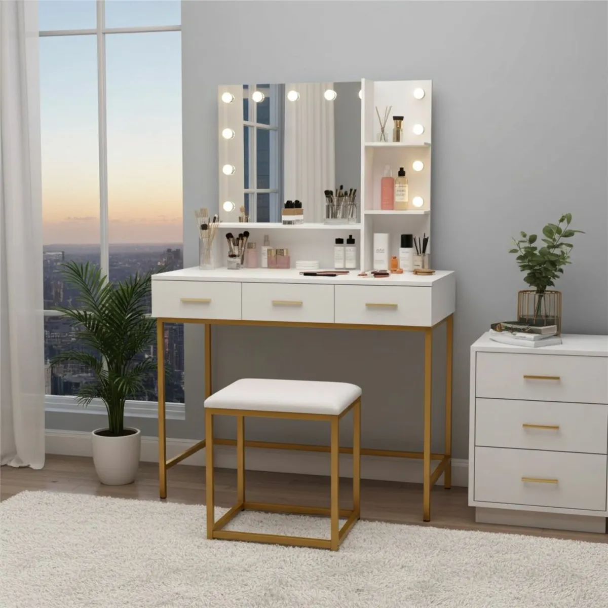 White and Gold Vanity Table with LED Mirror - Image 1