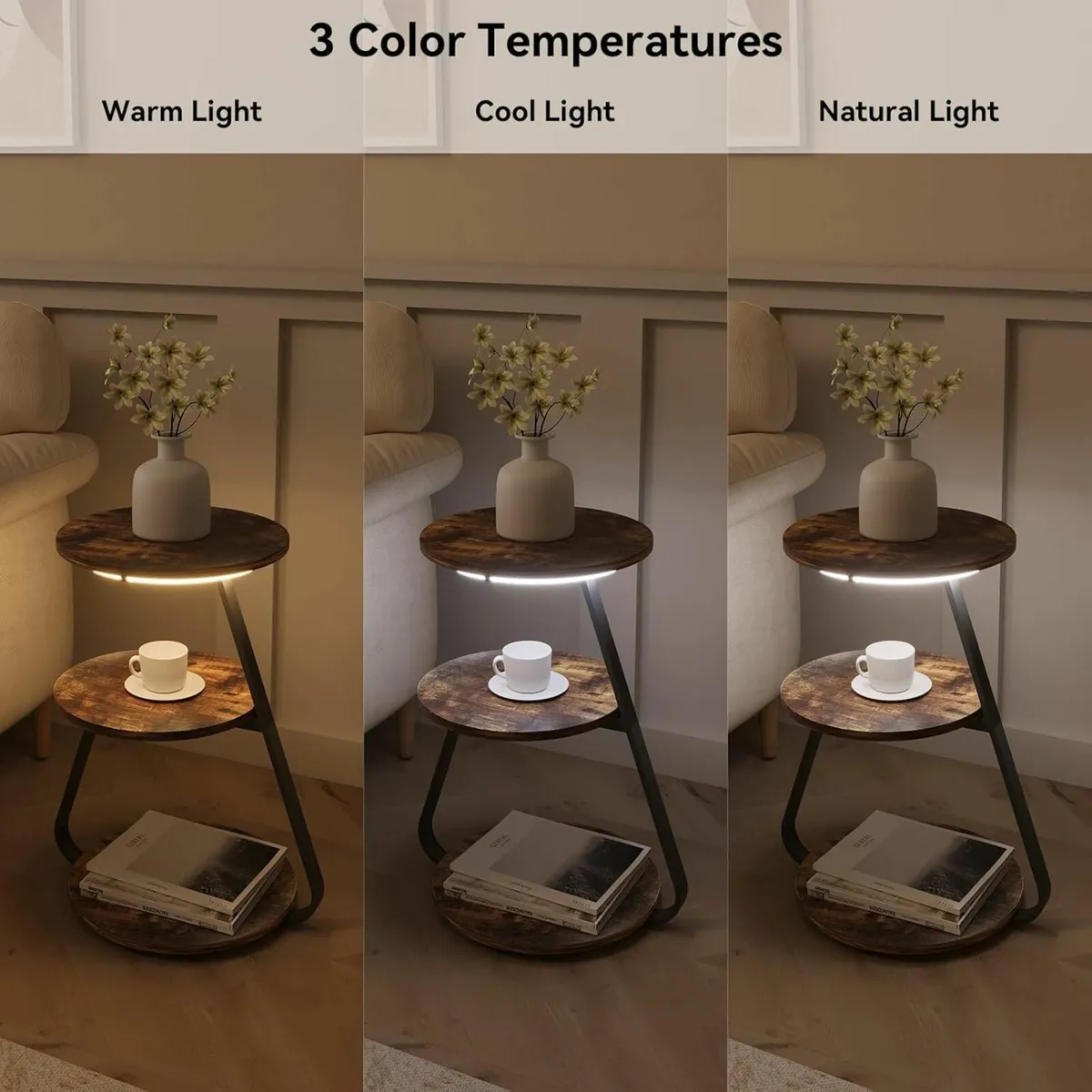 Side Table Round Coffee Table 3 Color LED Lights - Image 3