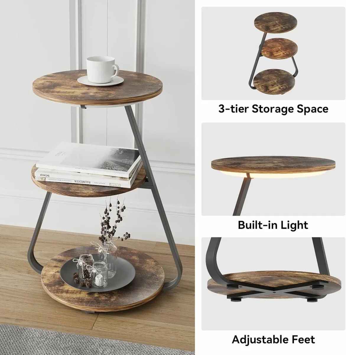 Side Table Round Coffee Table 3 Color LED Lights - Image 4