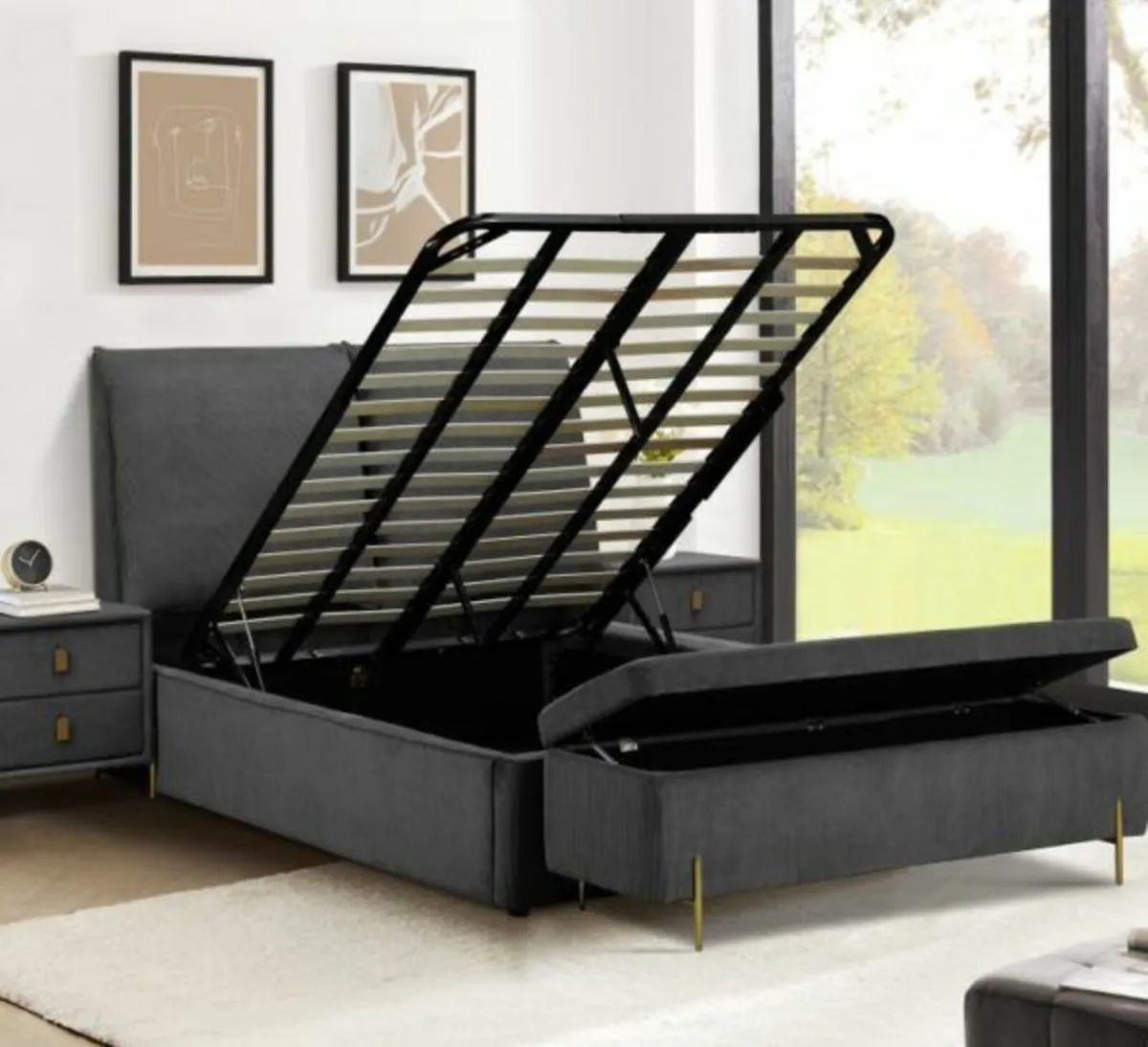 Modern Grey Upholstered Platform Bed with mattres - Image 1