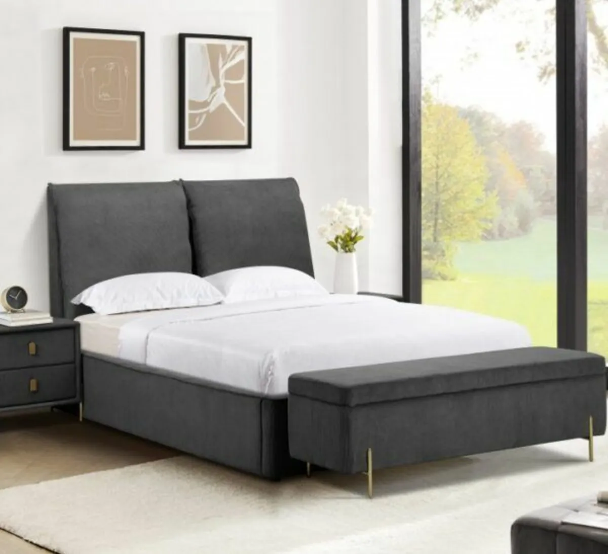 Modern Grey Upholstered Platform Bed with mattres - Image 2