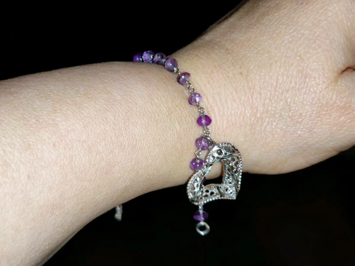GLITTERY AMETHYST HEART, 925 Silver 8"New Bracelet - Image 3