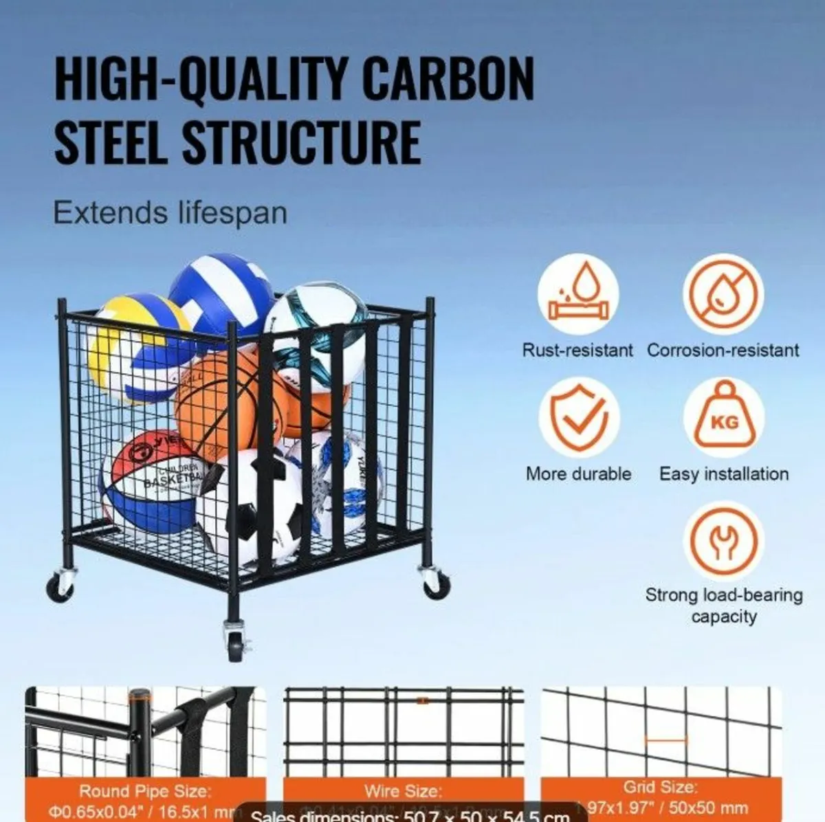 Rolling Sports Ball Storage Cart 50.7 x 50 x 54.5 - Image 3