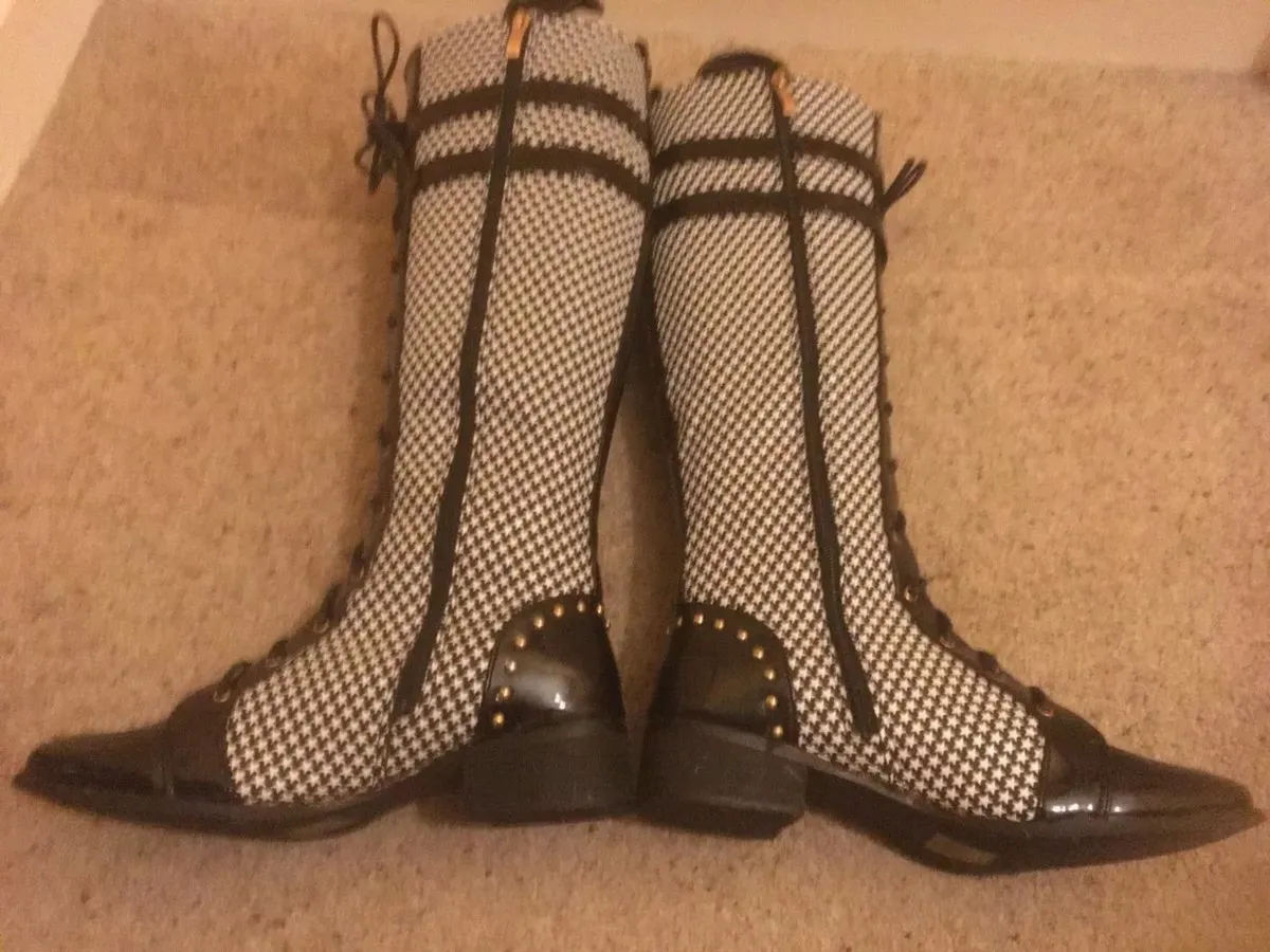 BRAND NEW Black and White Tall Knee Boots, Size 40 - Image 1