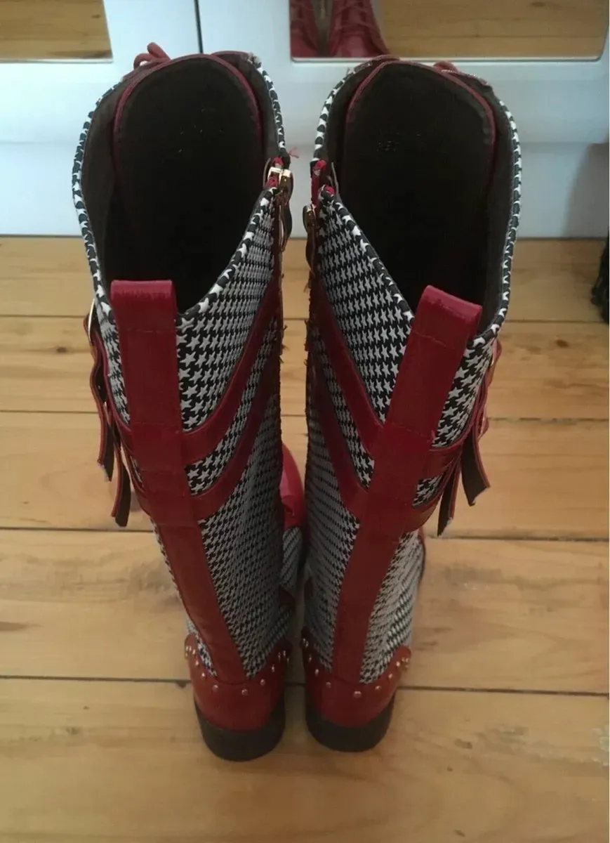 BRAND NEW Red and White Tall Knee Boots, Size 40/7 - Image 1