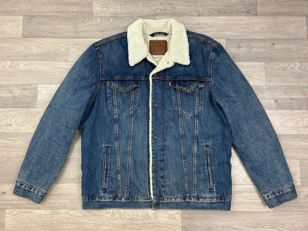 Levis Sherpa Fleece Denim Trucker Jacket Mens XL - Image 1