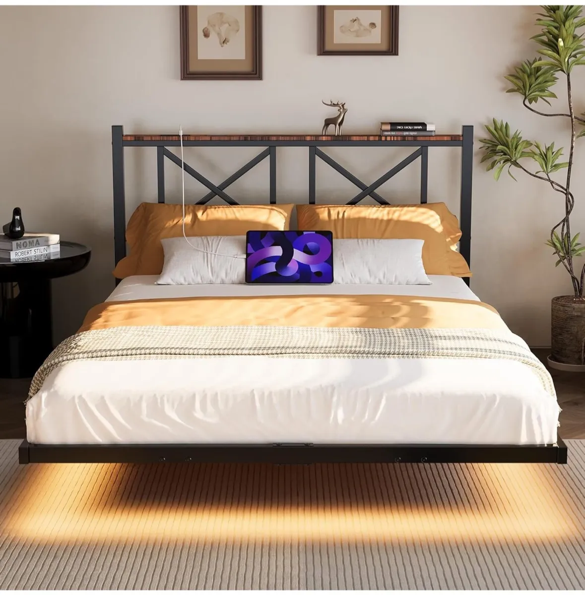 Double Floating Bed Frame with LED Lights and Char - Image 1