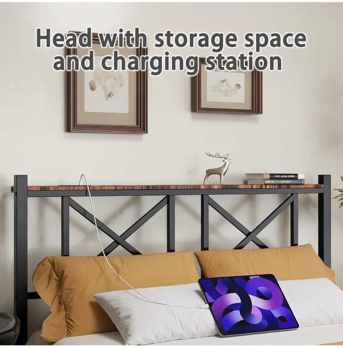 Double Floating Bed Frame with LED Lights and Char - Image 3