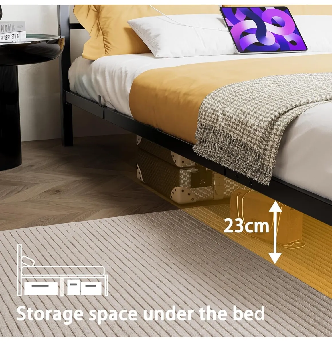 Double Floating Bed Frame with LED Lights and Char - Image 4