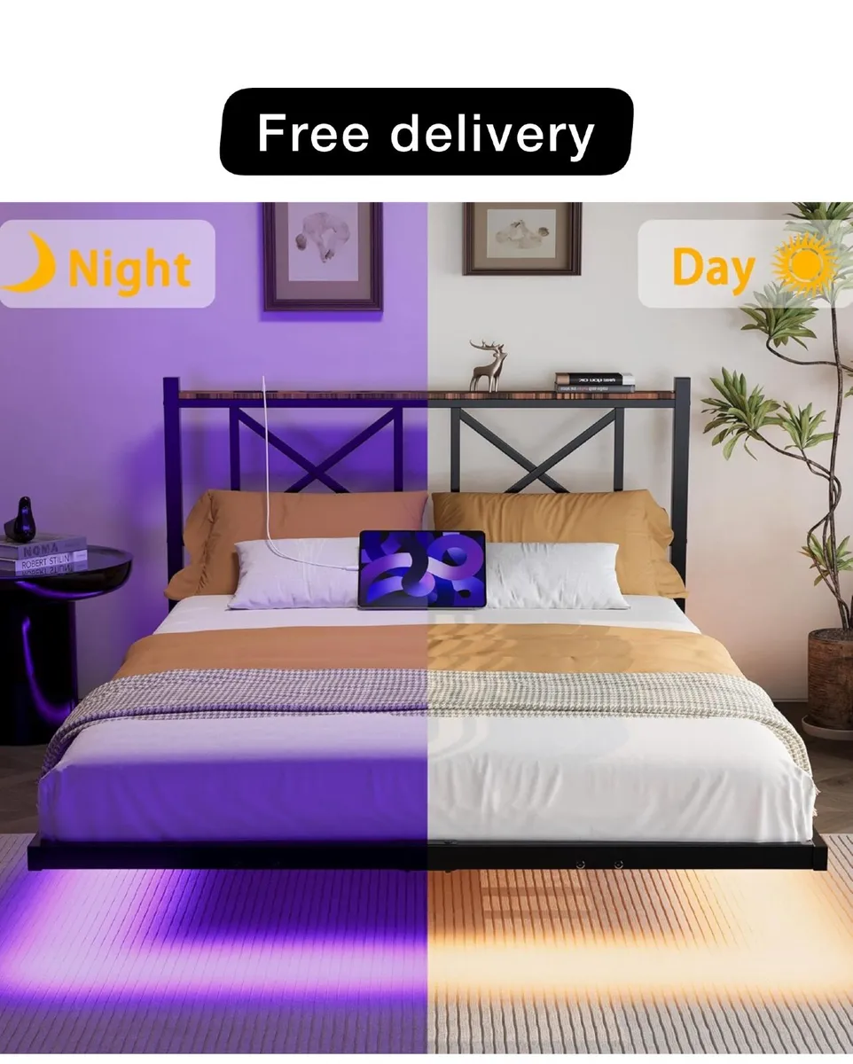 Double Floating Bed Frame with LED Lights and Char - Image 1