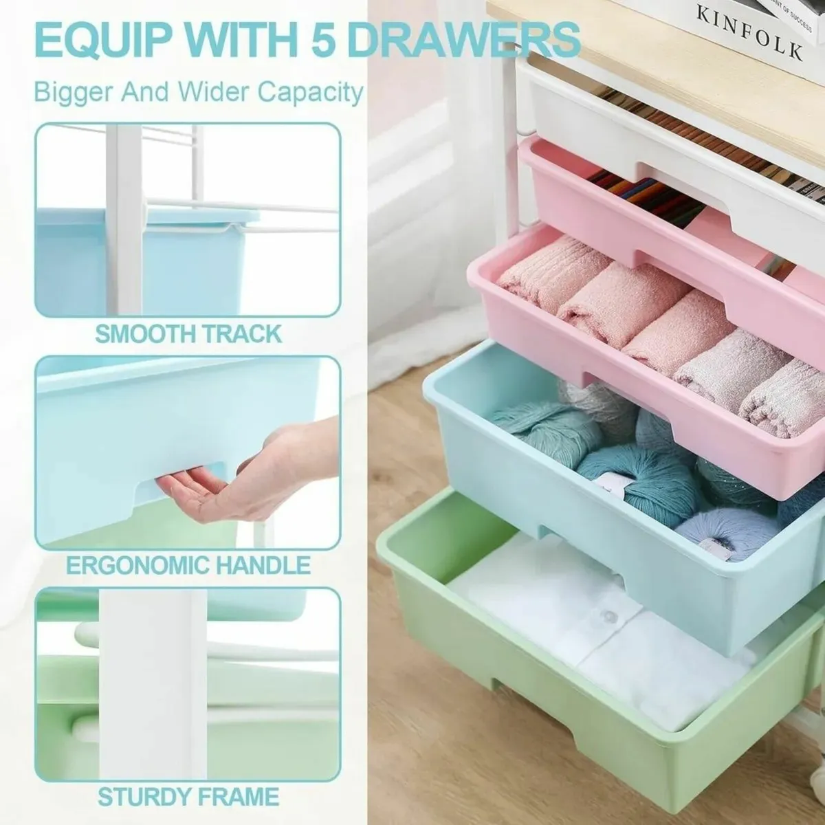 Trolley with 5 Drawers and Wheels Wooden Top - Image 3