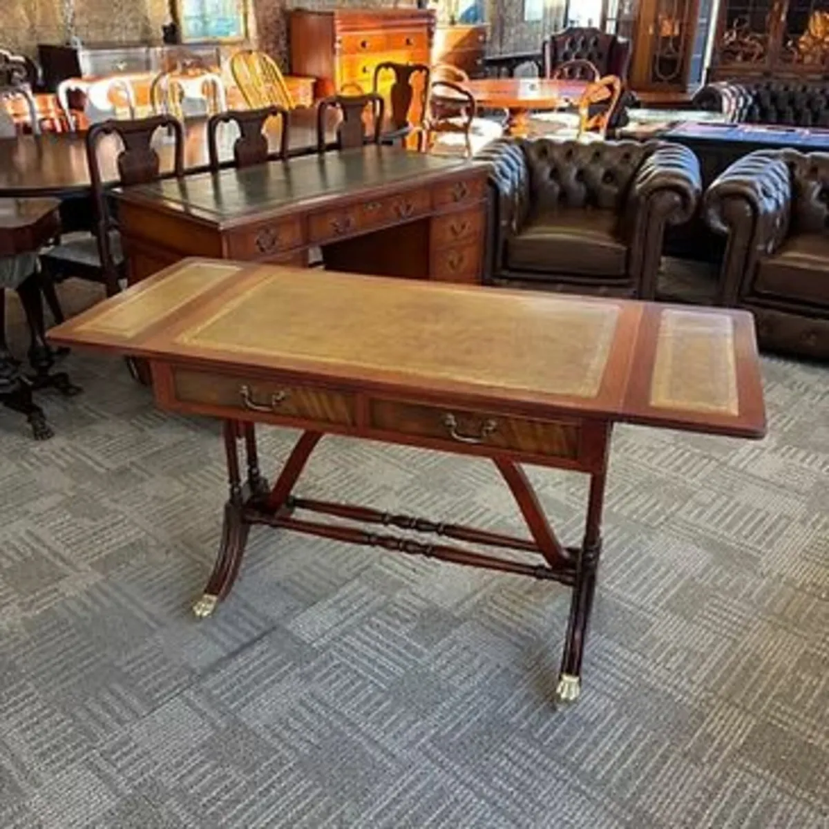 Fabulous mahogany leather top drop leaf writing/so