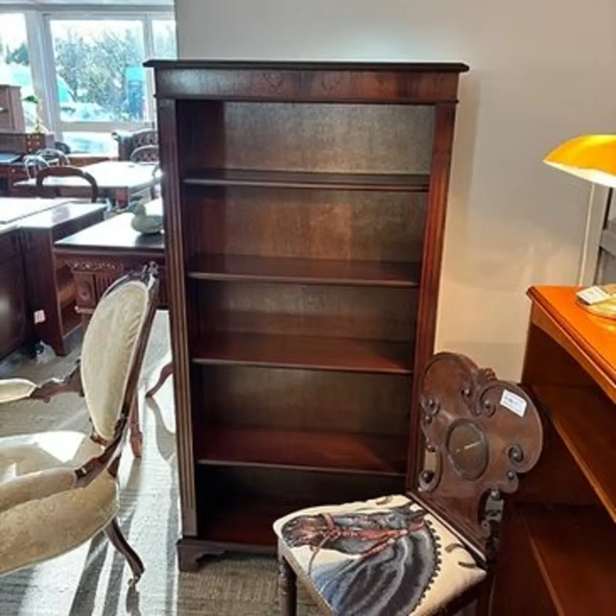 Beautiful mahogany flamed open bookcase with four