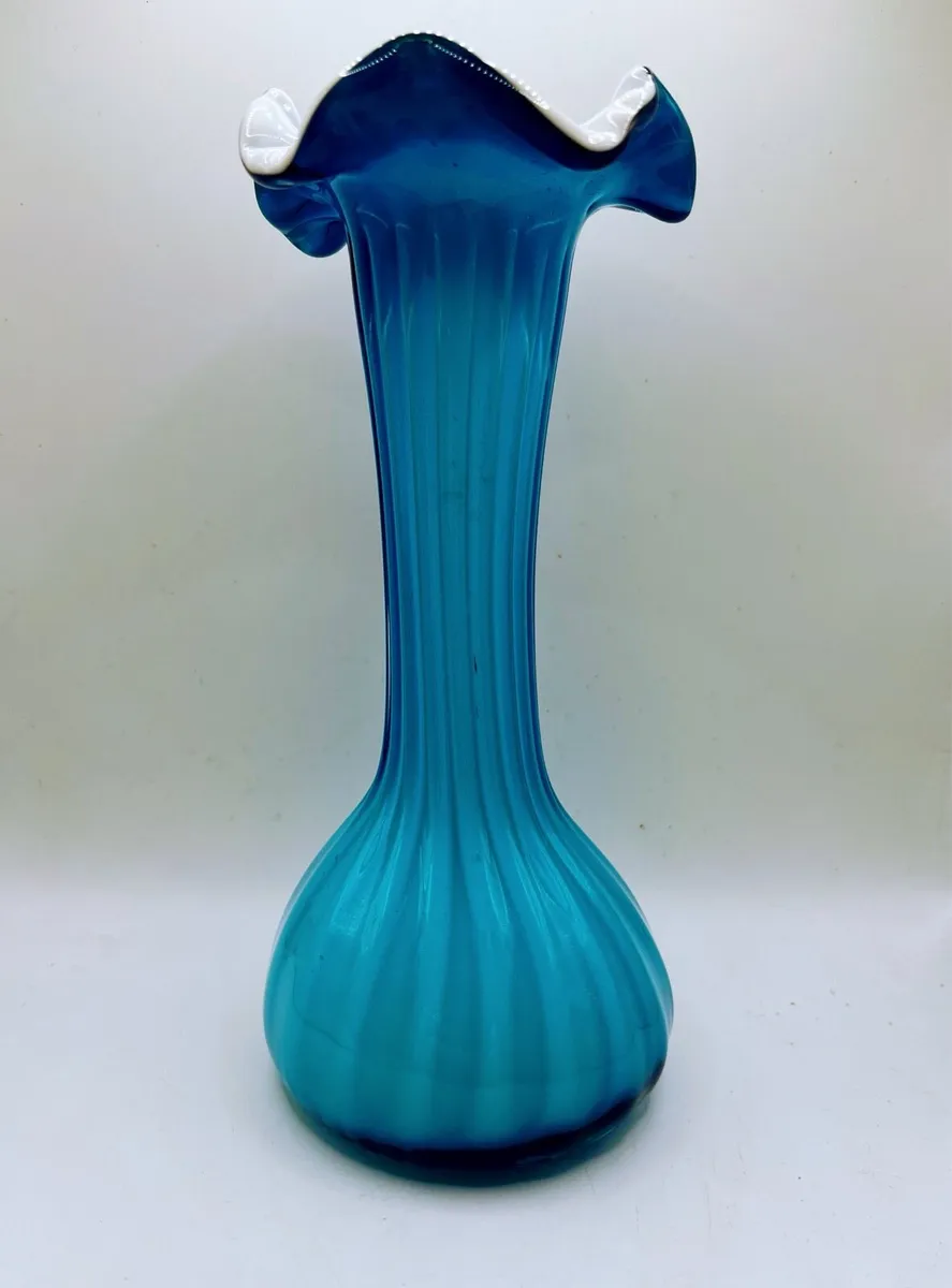 Vintage 1970s art glass marine blue ribbon vase - Image 1