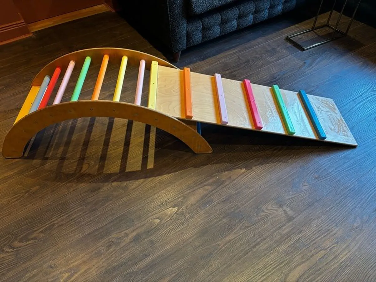 Beautiful handcrafted rainbow wooden climbing arch plus ladder/slide - Image 1